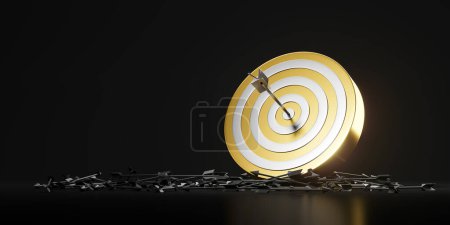 Photo for Arrow finally hit the center of a golden dartboard, wide format black copy space background. Concept of goal, attempts, failed tries and success. 3D rendering illustration - Royalty Free Image
