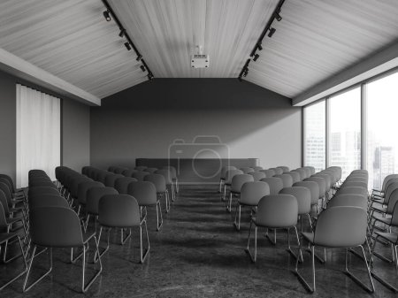 Photo for Interior of stylish lecture hall with gray walls, concrete floor, rows of gray chairs and gray lecturers table. 3d rendering - Royalty Free Image