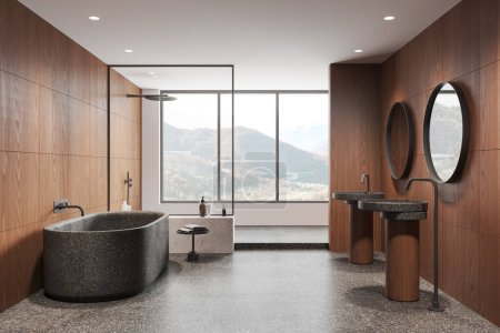 Foto de Interior de baño de madera de lujo con bañera, doble lavabo y ducha detrás de la partición de vidrio. Elegante espacio de baño con accesorios y ventana panorámica en el campo. Renderizado 3D - Imagen libre de derechos