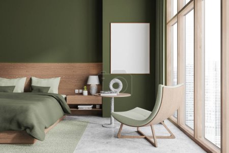 Photo for Stylish home bedroom interior bed and cozy armchair with coffee table, nightstand with decoration and panoramic window on skyscrapers. Mock up canvas poster on wall. 3D rendering - Royalty Free Image