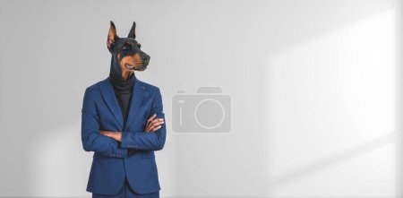 Photo for Portrait of confident businessman with dog head standing with crossed arms near white copy space wall. Concept of leadership - Royalty Free Image