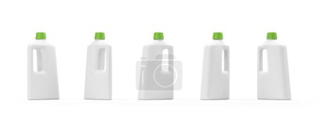 Téléchargez les photos : Vue de cinq bouteilles en plastique blanc avec détergent et poignées sur fond blanc. Concept de nettoyage et de travaux ménagers. Rendu 3d - en image libre de droit