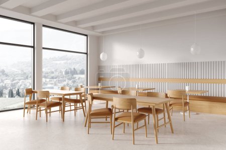 Foto de Interior minimalista restaurante con sillas de madera y mesa en fila, vista lateral piso de hormigón ligero. Esquina de cafetería minimalista con ventana panorámica en el campo. Renderizado 3D - Imagen libre de derechos