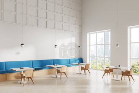 Foto de Moderno interior del restaurante con mesa de comedor y sillas en fila, vista lateral. Diseño de esquina de cafetería minimalista con sofá cerca de la ventana panorámica en los rascacielos de Nueva York. Renderizado 3D - Imagen libre de derechos