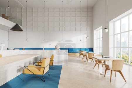 Foto de Interior de café moderno de lujo con mesa de conferencias y sillones, espacio para comer con asientos en fila, restaurante blanco con ventana panorámica en los rascacielos de Nueva York. Renderizado 3D - Imagen libre de derechos