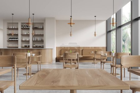 Photo for Modern cafe interior with wooden table closeup and chairs in row, panoramic window on tropics. Eating space with bar counter and shelf with dishes. 3D rendering - Royalty Free Image