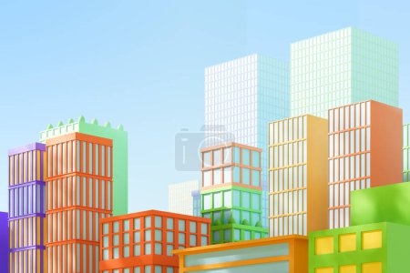 Foto de Vista lateral de edificios de colores en fila, vista panorámica abstracta del centro o centro de negocios con rascacielos y cielo azul. Concepto de megalópolis y gran ciudad. Ilustración de representación 3D - Imagen libre de derechos