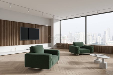 Photo for White and wooden home living room interior with two soft armchairs, tv screen and coffee table with decoration, side view. Panoramic window on Singapore skyscrapers. 3D rendering - Royalty Free Image