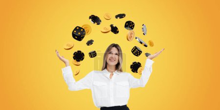 Photo for Dreaming and happy businesswoman with open hand palms, falling dollar coins and dice with poker chips on wide format orange background. Concept of jackpot, luck and success - Royalty Free Image