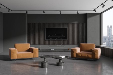 Photo for Interior of stylish living room with gray and wooden walls, concrete floor, two cozy orange armchairs standing near black coffee tables and TV set on the wall. 3d rendering - Royalty Free Image