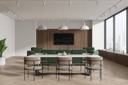 Téléchargez les photos : Maison moderne salon intérieur avec table à manger avec chaises, plancher de bois franc. Canapé et écran de télévision au mur, fenêtre panoramique sur les gratte-ciel de Singapour. rendu 3D - en image libre de droit