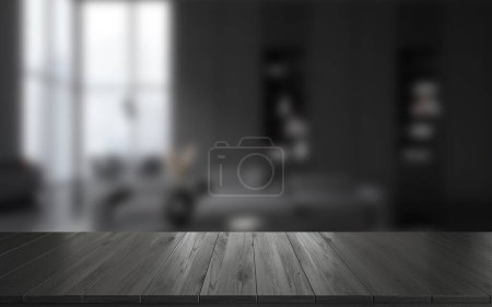 Téléchargez les photos : Table vide en bois noir maquillée sur l'intérieur flou du salon, mobilier minimaliste, décoration et fenêtre panoramique. Espace de copie pour l'affichage du produit. rendu 3D - en image libre de droit