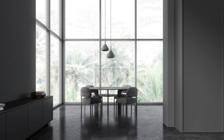 Téléchargez les photos : Intérieur de la salle à manger élégante avec des murs gris, sol en béton et table ronde avec des chaises grises debout près de la fenêtre panoramique. Rendu 3d - en image libre de droit