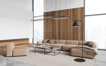 Foto de Esquina de la moderna sala de estar con paredes blancas y de madera, suelo de hormigón, acogedor sofá beige y sillón de pie en la alfombra cerca de dos mesas de café cuadradas. renderizado 3d - Imagen libre de derechos