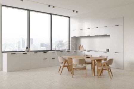Photo for Corner of modern kitchen with white walls, concrete floor, comfortable white cabinets with built in cooker and sink and long dining table with white chairs. 3d rendering - Royalty Free Image