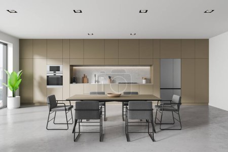 Photo for Cozy home kitchen interior with dinner table and chairs. Cooking cabinet with kitchenware, refrigerator on grey concrete floor. Panoramic window on skyscrapers. 3D rendering - Royalty Free Image