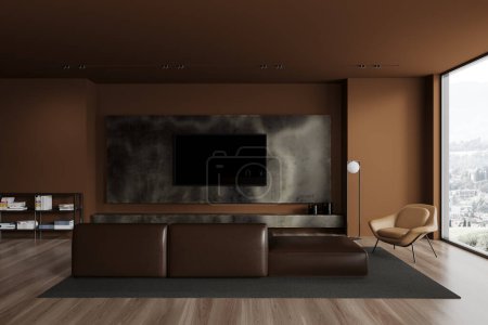 Téléchargez les photos : Intérieur du élégant salon avec murs bruns, sol en bois, fauteuil confortable et canapé en cuir debout sur le tapis devant le téléviseur. Rendu 3d - en image libre de droit