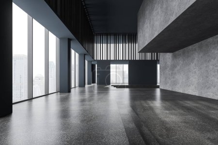 Photo for Interior of empty office lobby with gray and wooden walls, concrete floor and big panoramic windows with cityscape. 3d rendering - Royalty Free Image