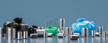 Photo for Plastic bags and row of metal jars, cans with garbage on empty copy space blue background. Concept of recycling and reusing. 3D rendering illustration - Royalty Free Image
