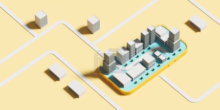 Photo for Top view smartphone with city buildings and road, abstract map and infrastructure. Concept of mobile app, navigation and route. 3D rendering illustration - Royalty Free Image
