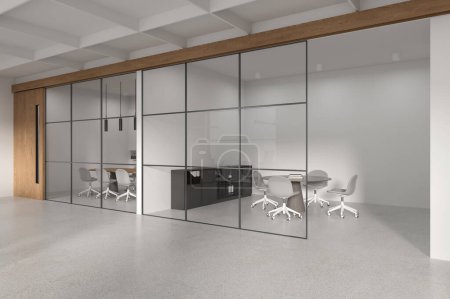 Foto de Interior del moderno hall de oficinas con paredes blancas, suelo de hormigón y dos salas de reuniones con mesas de conferencias largas y redondas y sillas blancas. renderizado 3d - Imagen libre de derechos