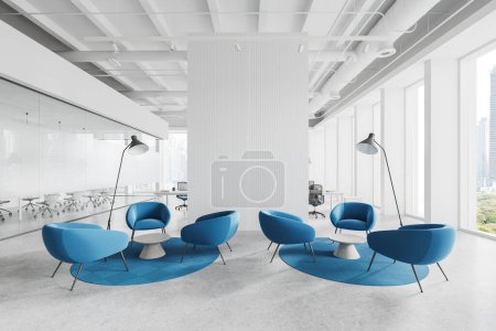 Téléchargez les photos : Intérieur du bureau moderne salle d'attente avec murs blancs, sol en béton, fauteuils bleus confortables debout sur les tapis près des tables basses rondes. Rendu 3d - en image libre de droit