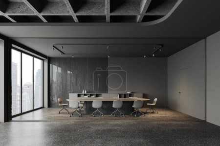 Photo for Dark glass business conference interior with chairs and board, sideboard with documents. Big meeting room and panoramic window on Bangkok skyscrapers. 3D rendering - Royalty Free Image