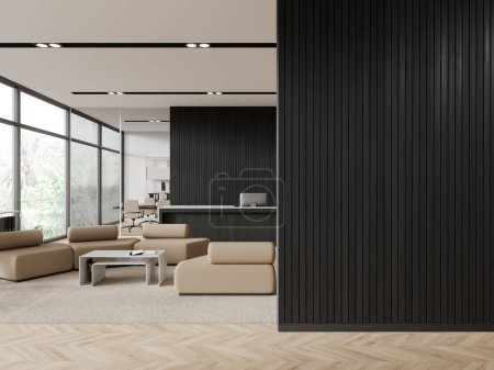 Photo for Interior of stylish office hall with white and dark wooden walls, wooden floor, cozy gray reception counter with computers and beige armchairs for visitors. 3d rendering - Royalty Free Image