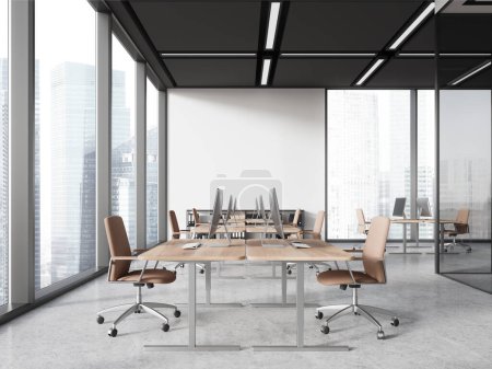 Photo for Interior of modern open space office with white walls, concrete floor, computer desks with beige chairs and panoramic windows. 3d rendering - Royalty Free Image