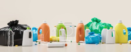 Foto de Vista de botellas y pilas de residuos plásticos recogidos para la recogida de residuos por separado sobre fondo beige. renderizado 3d - Imagen libre de derechos