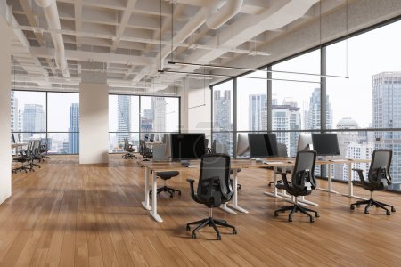 Photo for Interior of modern open space office with white walls, wooden floor, columns and rows of computer desks with black chairs. 3d rendering - Royalty Free Image