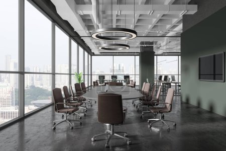 Foto de Interior de la elegante sala de reuniones de oficina con paredes verdes, suelo de hormigón, mesa de conferencias larga con sillas marrones y televisor en la pared. renderizado 3d - Imagen libre de derechos