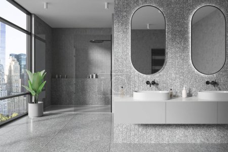 Téléchargez les photos : Intérieur de salle de bain moderne avec murs blancs, sol en béton, confortable lavabo double avec deux miroirs ovales et douche à l'italienne avec porte vitrée. Rendu 3d - en image libre de droit