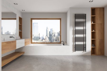 Téléchargez les photos : Intérieur de salle de bain hôtel blanc avec lavabo, miroir et étagère avec accessoires, baignoire avec design blanc et bois. Fenêtre panoramique sur les gratte-ciel de New York. rendu 3D - en image libre de droit
