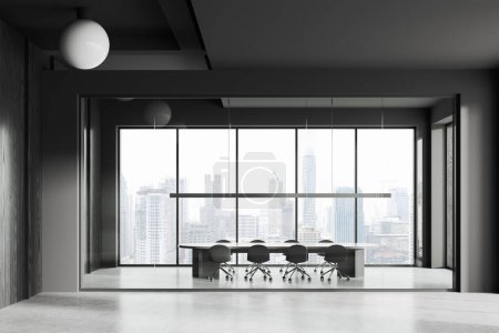 Foto de Interior de la reunión de cristal oscuro con sillas y tablero, piso de hormigón ligero. Sala de negocios y sala de conferencias minimalista y ventana panorámica de los rascacielos de Bangkok. Renderizado 3D - Imagen libre de derechos