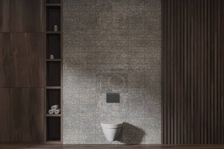 Photo for Interior of stylish lavatory with gray and dark wooden walls, wooden floor, cozy white toilet bowl and shelves with towels. 3d rendering - Royalty Free Image