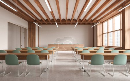 Téléchargez les photos : Intérieur de la salle de conférence moderne avec murs blancs, sol en béton, rangées de bureaux avec chaises vertes et table de conférenciers en bois. Rendu 3d - en image libre de droit