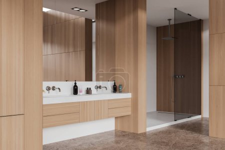 Photo for Corner view of hotel bathroom interior with double sink and shower, beige tile concrete floor. Elegant bathing space with vanity, glass partition and mirror with accessories. 3D rendering - Royalty Free Image