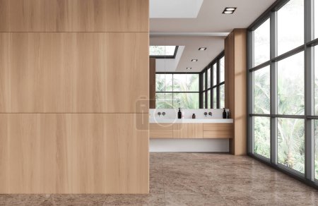 Foto de Acogedor cuarto de baño interior del hotel con doble lavabo y espejo, ventana panorámica en los trópicos. Vanidad de madera con accesorios minimalistas. Copiar espacio partición de pared vacía. Renderizado 3D - Imagen libre de derechos