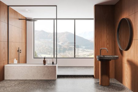 Téléchargez les photos : Salle de bain moderne en bois hôtel intérieur avec douche derrière cloison en verre, lavabo avec miroir et sol en granit gris. Fenêtre panoramique sur campagne. rendu 3D - en image libre de droit
