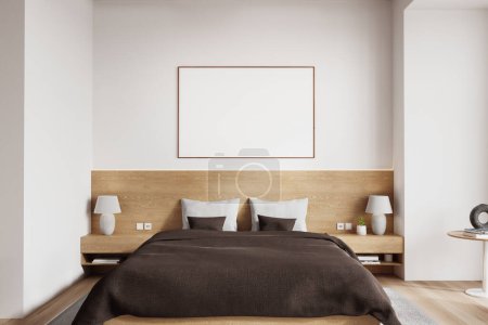 Photo for Interior of modern bedroom with white walls, wooden floor, comfortable king size bed with brown cover and horizontal mock up poster hanging above it. 3d rendering - Royalty Free Image