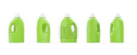 Téléchargez les photos : Vue de cinq bouteilles en plastique vert avec détergent et poignées sur fond blanc. Concept de nettoyage et de travaux ménagers. Rendu 3d - en image libre de droit