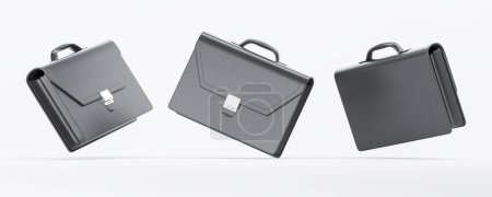 Photo for Three classic black briefcases flying from different angles, empty white background. Concept of business, travel, management and career. 3D rendering illustration - Royalty Free Image