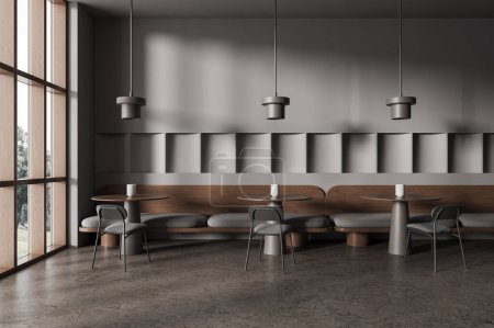 Photo for Dark restaurant interior with chairs and sofa, round table on concrete floor. Minimalist cafe eating space with panoramic window on countryside. 3D rendering - Royalty Free Image