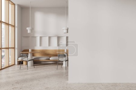 Photo for Beige cafe interior with chairs and sofa, round table on light concrete floor. Stylish eating space with panoramic window on skyscrapers. Mockup empty wall partition. 3D rendering - Royalty Free Image