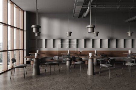 Foto de Interior de restaurante moderno con paredes grises, suelo de hormigón, mesas redondas con sofás acogedores y cómodas sillas. renderizado 3d - Imagen libre de derechos