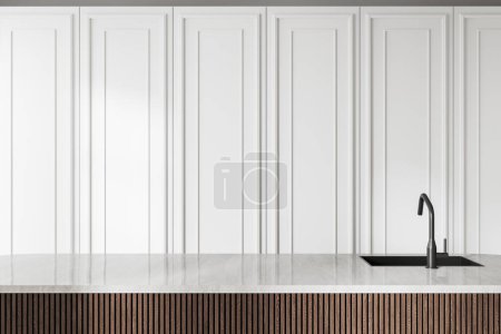 Foto de Interior de la cocina moderna con paredes blancas y cómoda isla marrón y blanca con fregadero incorporado. renderizado 3d - Imagen libre de derechos
