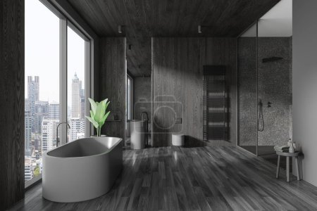 Téléchargez les photos : Intérieur de la salle de bain élégante avec des murs gris et en bois, plancher en bois, baignoire grise confortable, lavabo rond avec miroir et confortable douche à l'italienne. Rendu 3d - en image libre de droit