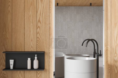 Photo for Luxury home bathroom interior with sink and mirror, minimalist black shelf on wall with cosmetics and soap bottle. Cozy bathing space in stylish apartment. 3D rendering - Royalty Free Image