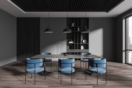 Foto de Hogar oscuro salón interior con mesa de piedra y sillas azules, piso de madera. Elegante sala de reuniones con estante y libros, ventana panorámica de los rascacielos Kuala Lumpur. Renderizado 3D - Imagen libre de derechos